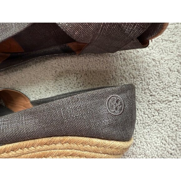 Tory Burch Shoes Size 6 Espadrille Grey Shine Metallic Shine Peep Toe Wedge Heel - Picture 9 of 15